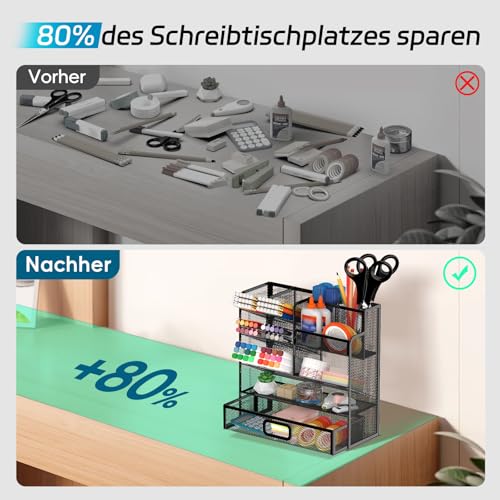 Schreibtisch Organizer Stiftehalter mit Schublade – Multifunktionaler Stiftehalter aus Metall Netz, Büro Organizer für Home Office, Schule & Studium, Platzsparend, Stabil, Schwarz