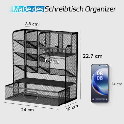Schreibtisch Organizer Stiftehalter mit Schublade – Multifunktionaler Stiftehalter aus Metall Netz, Büro Organizer für Home Office, Schule & Studium, Platzsparend, Stabil, Schwarz