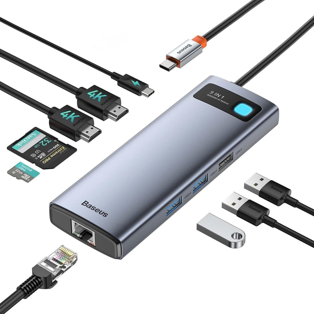 Baseus 9 in 1 Docking Station USB C 4K@120Hz [Chip-Upgrade], 2 HDMI 2 Monitore USB C Hub, 1000Mbp Ethernet, 100W PD,TF/SD, USB 3.0, Multiport Adapter für MacBook/Dell/HP/Surface/Lenovo & Mehr PC