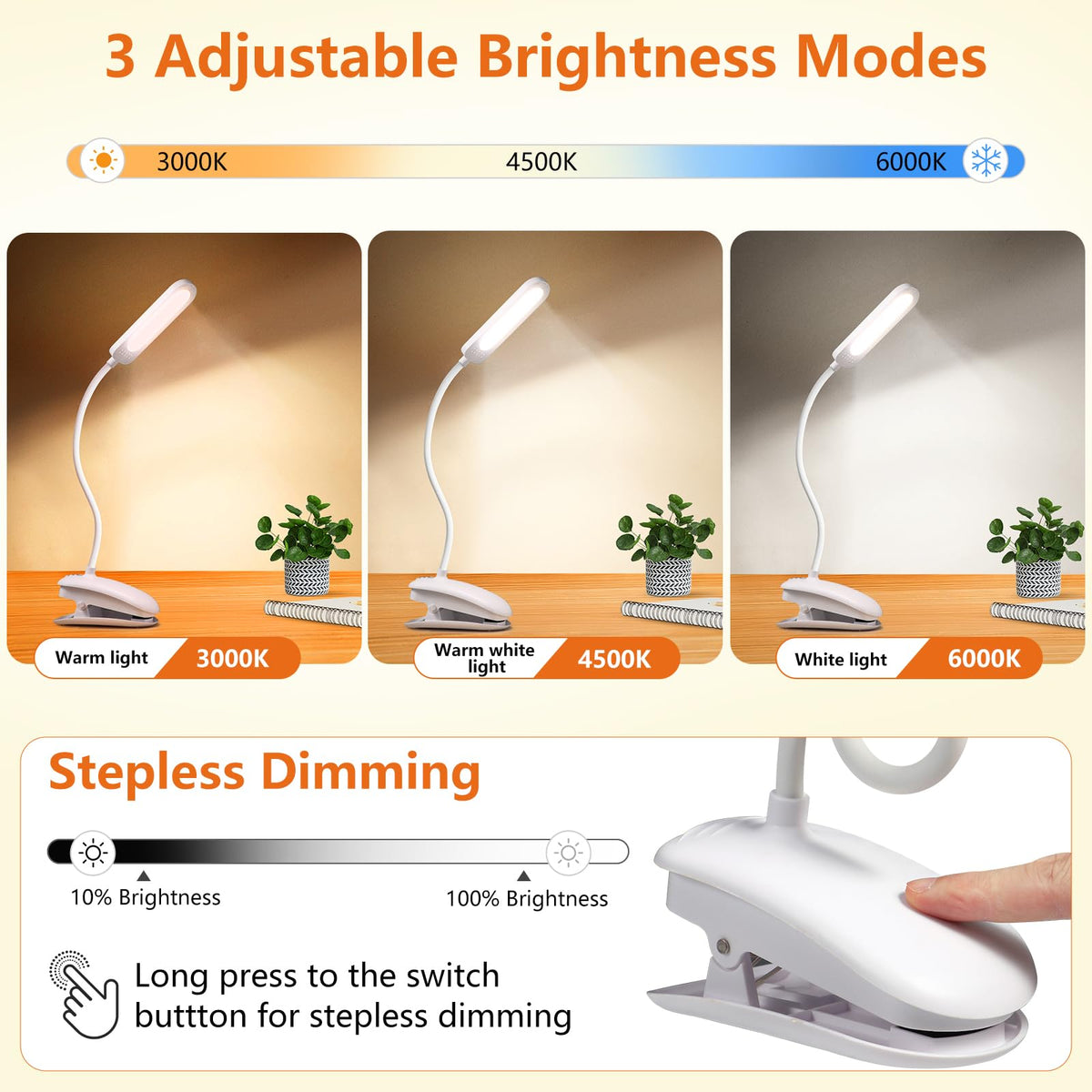 Diboniur Leselampe Bett, Klemmlampe Bett mit Touch Dimmbar, 3 Farben und dimmbar, 360° flexible Klemmleuchte für Studium und Arbeit, Clip-on, USB-Anschluss