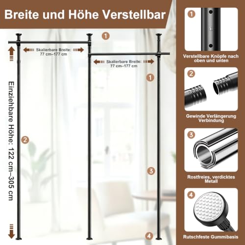 Raumteiler ohne Bohren, Raumtrenner 122–305 cm H, 77–354 cm B, Raumteiler Paraventgestell Gardinenstange, Verstellbarer Paravent Ohne Vorhang für Wohnzimmer, Schlafzimmer oder Büro, Schwarz