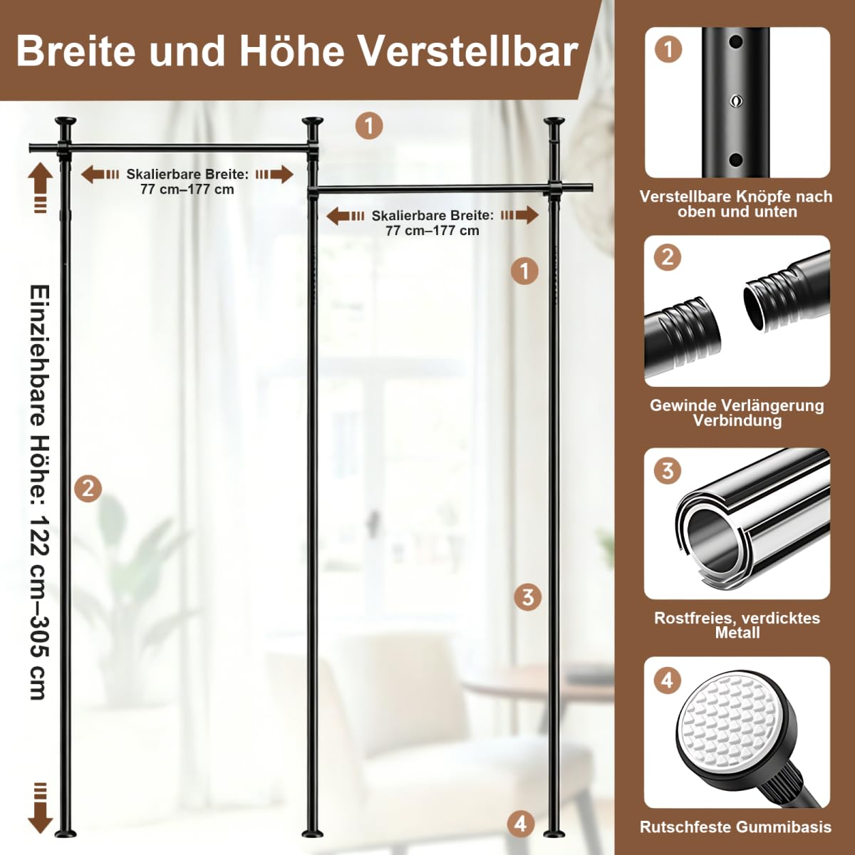 Raumteiler ohne Bohren, Raumtrenner 122–305 cm H, 77–354 cm B, Raumteiler Paraventgestell Gardinenstange, Verstellbarer Paravent Ohne Vorhang für Wohnzimmer, Schlafzimmer oder Büro, Schwarz