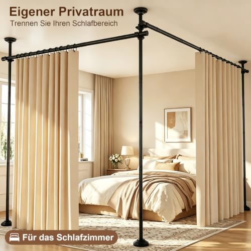 Raumteiler ohne Bohren, Raumtrenner 122–305 cm H, 77–354 cm B, Raumteiler Paraventgestell Gardinenstange, Verstellbarer Paravent Ohne Vorhang für Wohnzimmer, Schlafzimmer oder Büro, Schwarz