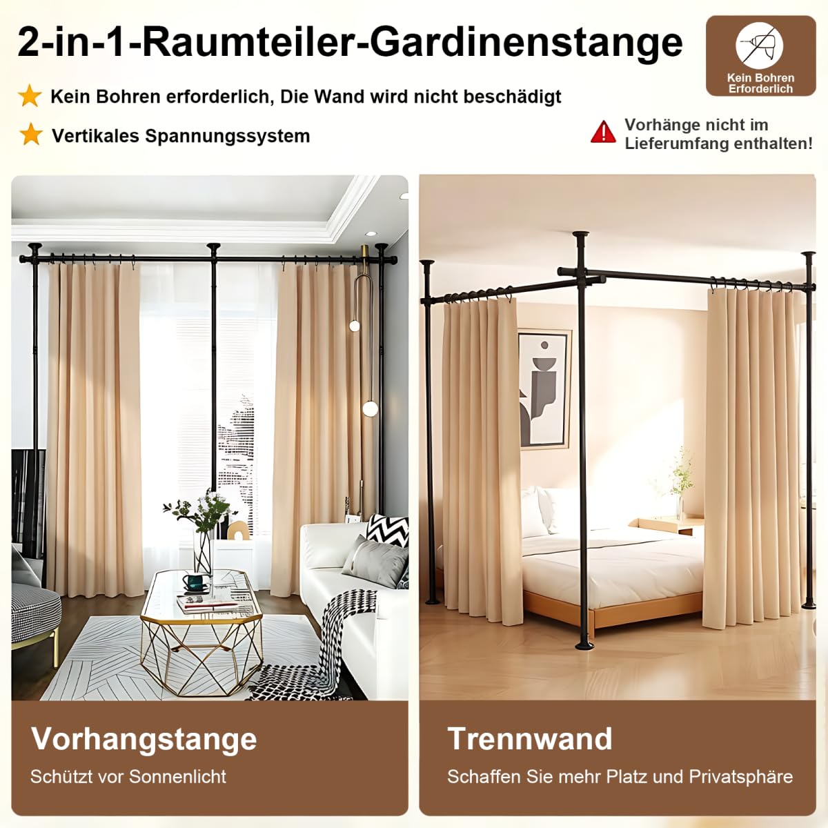 Raumteiler ohne Bohren, Raumtrenner 122–305 cm H, 77–354 cm B, Raumteiler Paraventgestell Gardinenstange, Verstellbarer Paravent Ohne Vorhang für Wohnzimmer, Schlafzimmer oder Büro, Schwarz