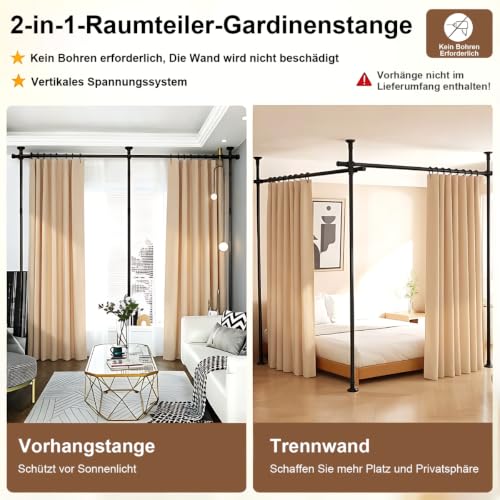 Raumteiler ohne Bohren, Raumtrenner 122–305 cm H, 77–354 cm B, Raumteiler Paraventgestell Gardinenstange, Verstellbarer Paravent Ohne Vorhang für Wohnzimmer, Schlafzimmer oder Büro, Schwarz