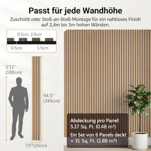 TONOR Akustikpaneele holz, 6 Stück 240 x 20cm -2,88m² Wandpaneele holz Holzpaneele wand als Schallschutzplatten, Wanddekoration aus Holzlamellen Schalldämmung, für Studio, Wohnzimmer, Büro, Teak