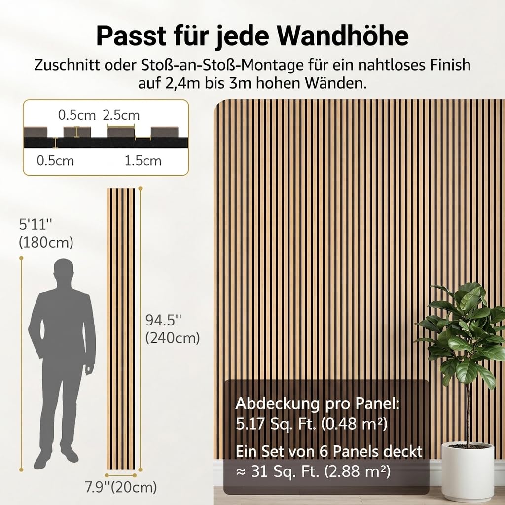 TONOR Akustikpaneele holz, 6 Stück 240 x 20cm -2,88m² Wandpaneele holz Holzpaneele wand als Schallschutzplatten, Wanddekoration aus Holzlamellen Schalldämmung, für Studio, Wohnzimmer, Büro, Teak