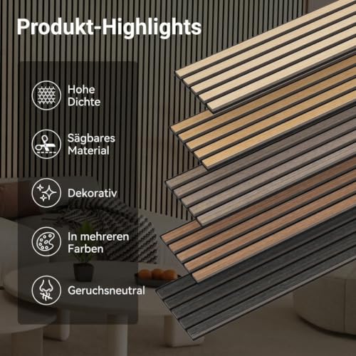 TONOR Akustikpaneele holz, 6 Stück 240 x 20cm -2,88m² Wandpaneele holz Holzpaneele wand als Schallschutzplatten, Wanddekoration aus Holzlamellen Schalldämmung, für Studio, Wohnzimmer, Büro, Teak