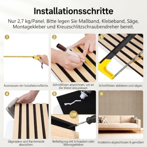TONOR Akustikpaneele holz, 6 Stück 240 x 20cm -2,88m² Wandpaneele holz Holzpaneele wand als Schallschutzplatten, Wanddekoration aus Holzlamellen Schalldämmung, für Studio, Wohnzimmer, Büro, Teak