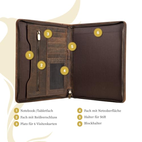 Hörner Rom Dokumentenmappe A4 Leder Braun, Konferenzmappe mit Reißverschluss, Schreibmappe Echtleder für Tablet und Dokumente, Business Geschenk