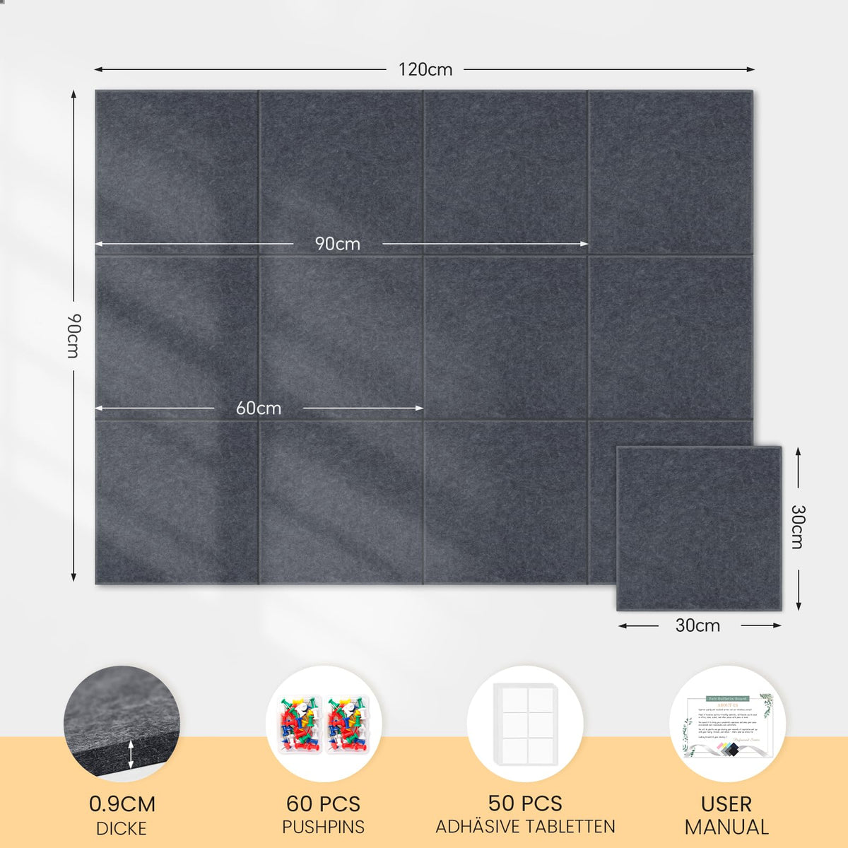 Filz Pinnwand 120 x 90 cm, 12 Pack Pinnwand Kork Alternative für Wand, Dekorative Vision Board Fotowand Pin Board Memoboard mit 60 Stück Pinnnadeln für Büro, Küche, Schule (Deep Gray)