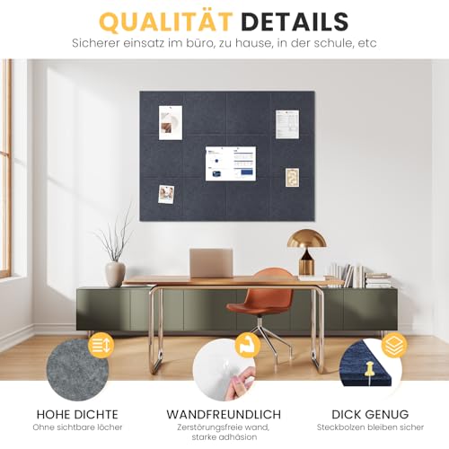 Filz Pinnwand 120 x 90 cm, 12 Pack Pinnwand Kork Alternative für Wand, Dekorative Vision Board Fotowand Pin Board Memoboard mit 60 Stück Pinnnadeln für Büro, Küche, Schule (Deep Gray)