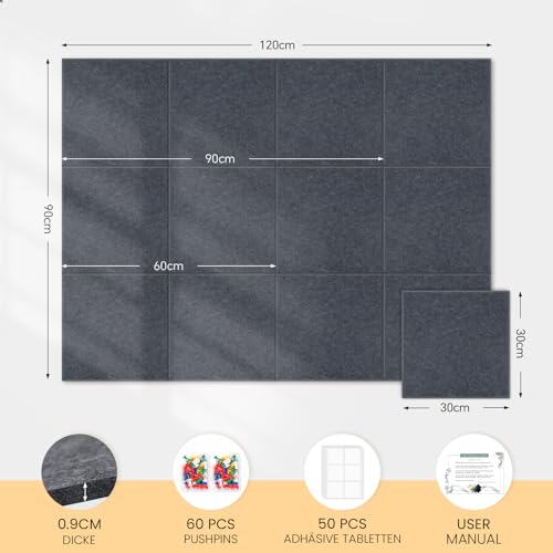 Filz Pinnwand 120 x 90 cm, 12 Pack Pinnwand Kork Alternative für Wand, Dekorative Vision Board Fotowand Pin Board Memoboard mit 60 Stück Pinnnadeln für Büro, Küche, Schule (Deep Gray)