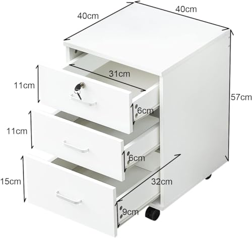 TUKAILAI Rollcontainer Abschließbar mit 3 Schubladen, Aktenschrank, Weiß