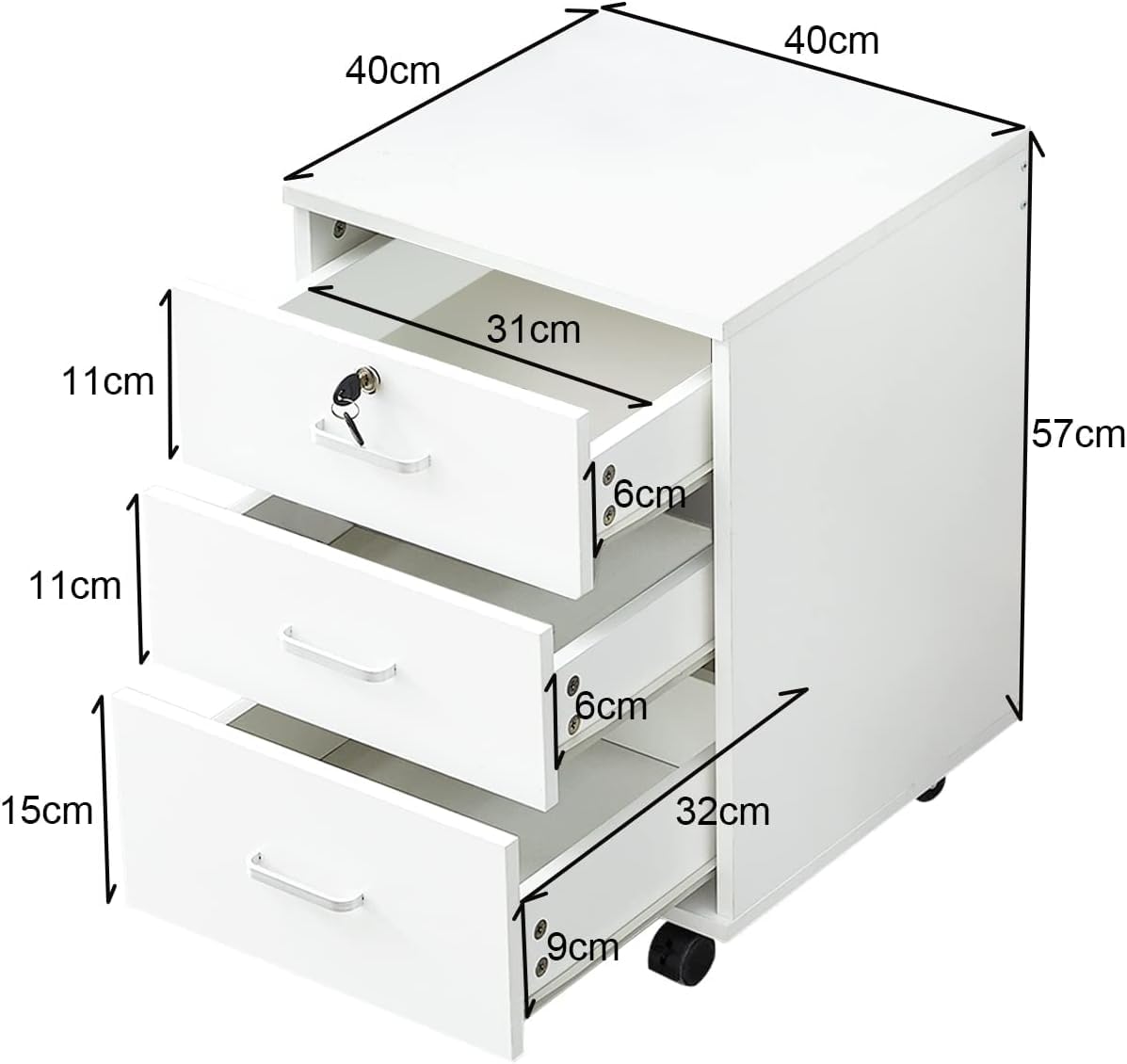 TUKAILAI Rollcontainer Abschließbar mit 3 Schubladen, Aktenschrank, Weiß