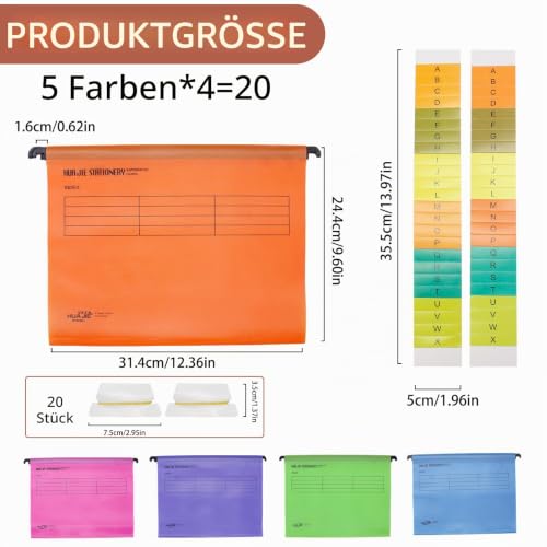 20 Stück A4 Hängeregister,Polypropylen für Hängemappen mit Tabs und Einsätzen,A4 Hängehefter,Hängeregister Mappen für Büro Schule Schreibtisch Arbeit