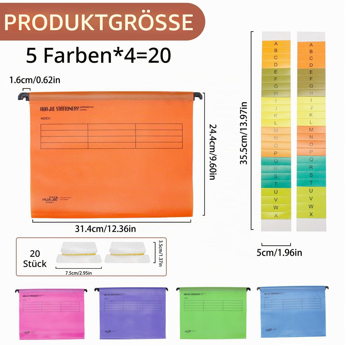 20 Stück A4 Hängeregister,Polypropylen für Hängemappen mit Tabs und Einsätzen,A4 Hängehefter,Hängeregister Mappen für Büro Schule Schreibtisch Arbeit