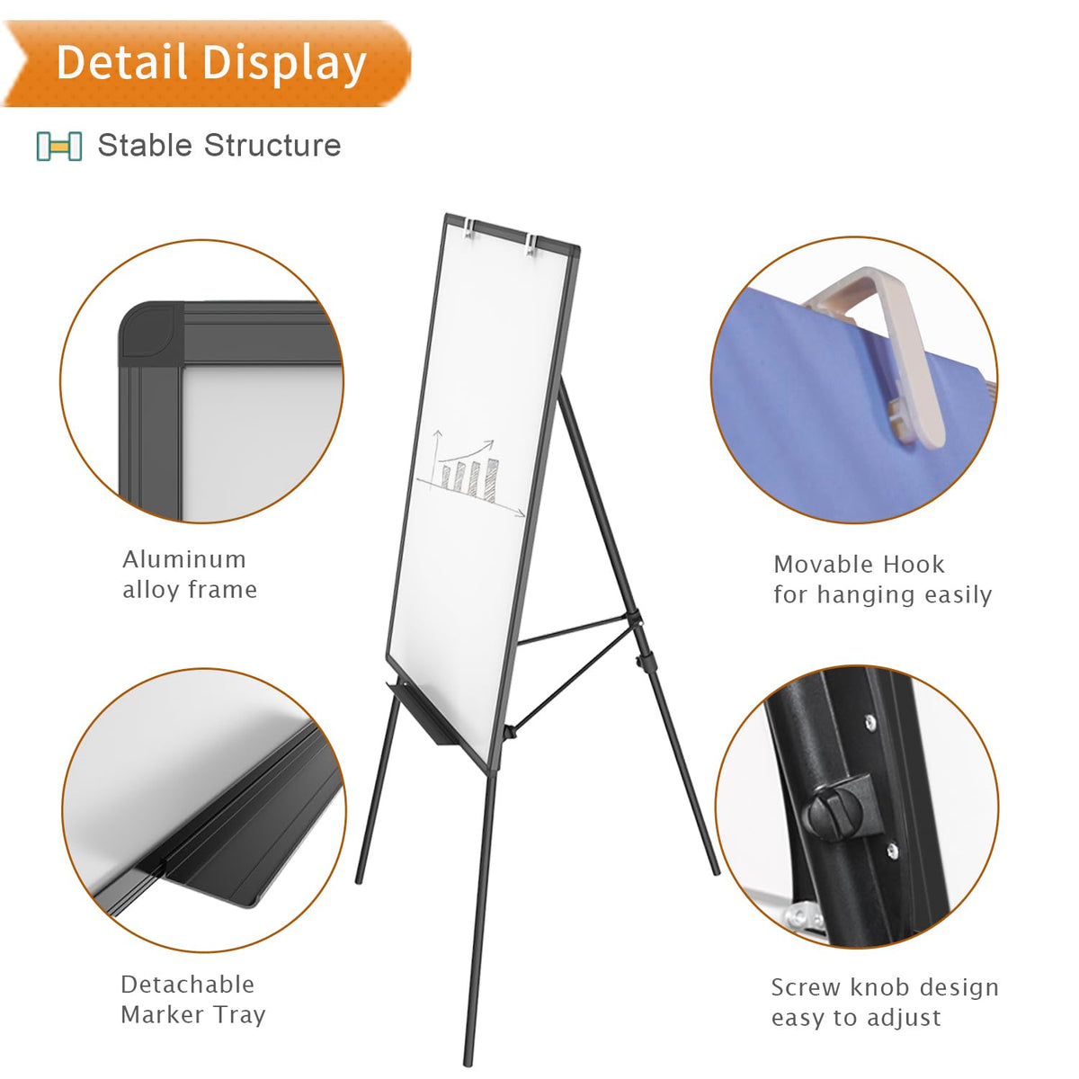 VIZ-PRO Magnetisches Whiteboard 90 x 60 cm mit Schwarzem Staffelei-Ständer