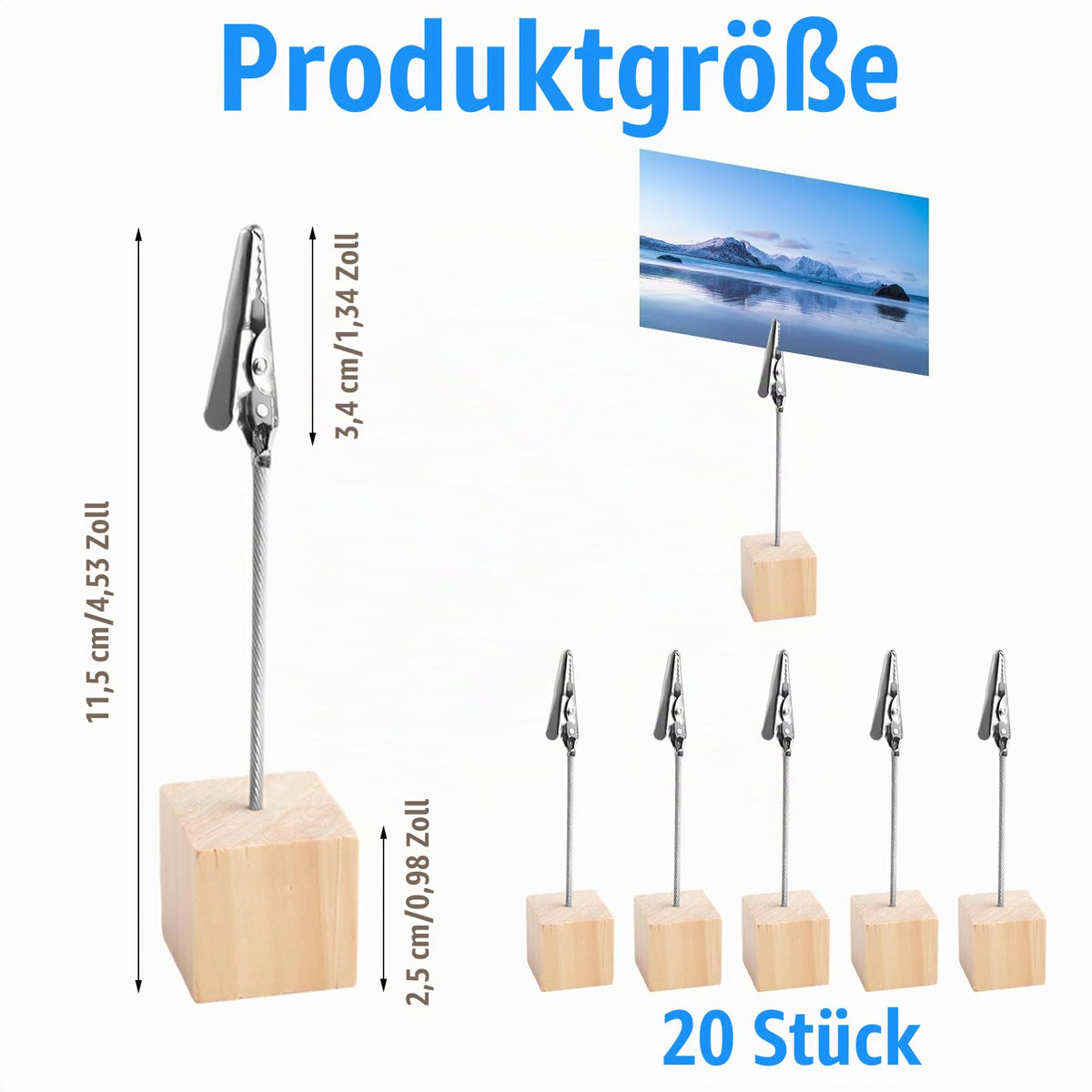 20 Stück Fotohalter Holz mit Klammern, Kartenständer Foto Memo Clip Halter
