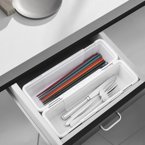 QIWODE Schubladen Organizer Verstellbar, Schubladenbox Kunststoff für Küche, Büro, Sortierboxen Schubladen für Werkzeug, Besteck, Schminke, Schreibwaren, Weiß(2 Stück)