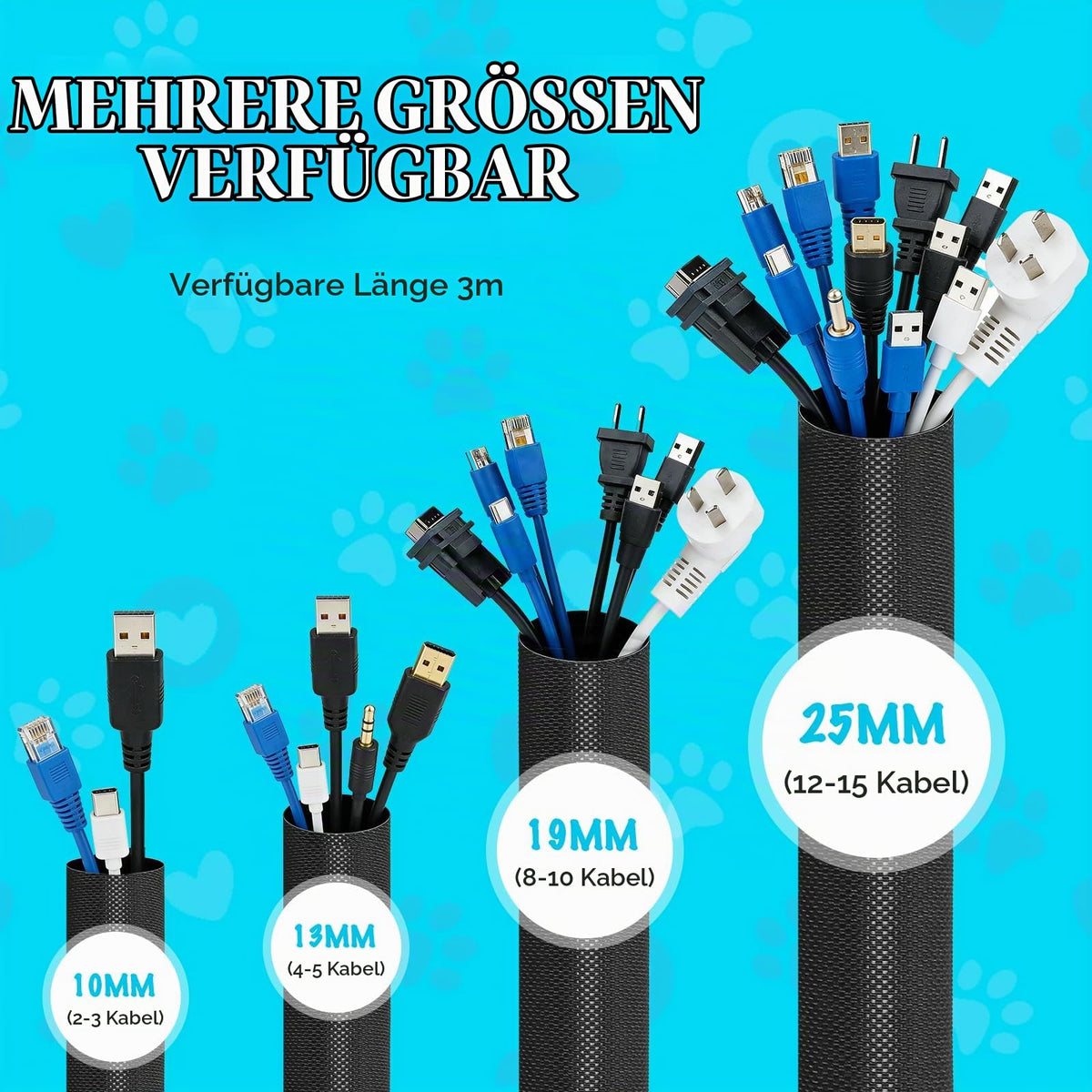 3m Kabelschlauch selbstschließend 13mm, Kabelschutz vor Haustieren,schwarz