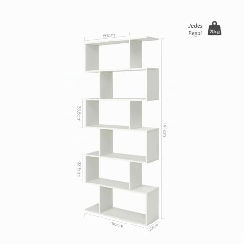 GOPLUS Bücherregal mit 6 Ebenen, Stufenregal aus Holz, Raumteiler Regal mit Kippschutz, Standregal Büroregal für Wohnzimmer, Büro, 80 x 23 x 191cm (Weiß, 6 Ebenen)