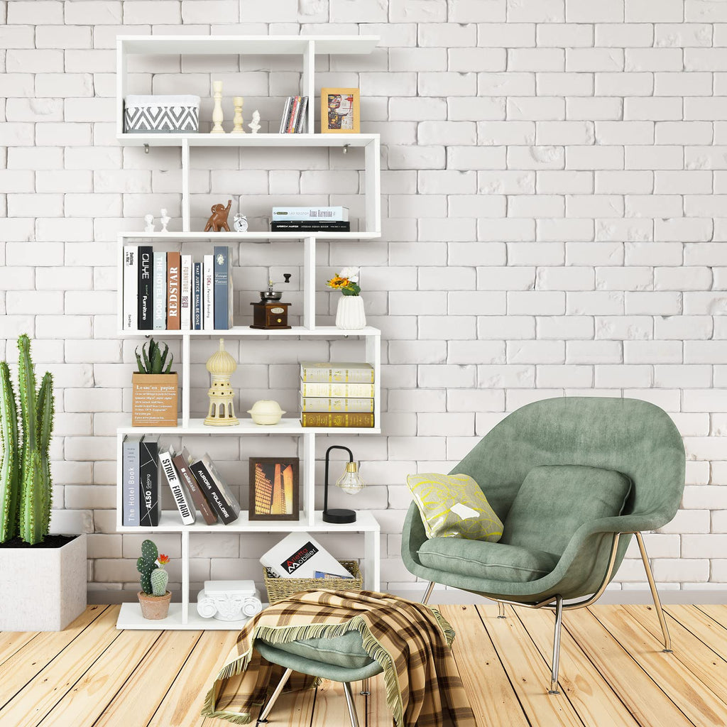 GOPLUS Bücherregal mit 6 Ebenen, Stufenregal aus Holz, Raumteiler Regal mit Kippschutz, Standregal Büroregal für Wohnzimmer, Büro, 80 x 23 x 191cm (Weiß, 6 Ebenen)