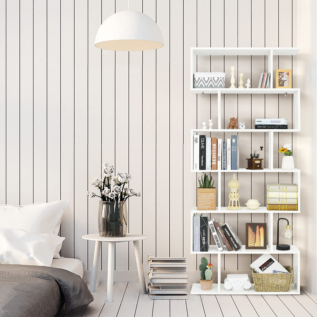 GOPLUS Bücherregal mit 6 Ebenen, Stufenregal aus Holz, Raumteiler Regal mit Kippschutz, Standregal Büroregal für Wohnzimmer, Büro, 80 x 23 x 191cm (Weiß, 6 Ebenen)