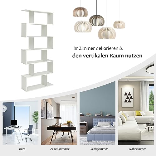 GOPLUS Bücherregal mit 6 Ebenen, Stufenregal aus Holz, Raumteiler Regal mit Kippschutz, Standregal Büroregal für Wohnzimmer, Büro, 80 x 23 x 191cm (Weiß, 6 Ebenen)