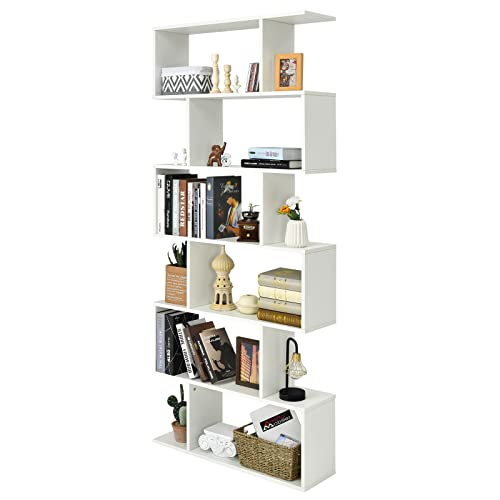 GOPLUS Bücherregal mit 6 Ebenen, Stufenregal aus Holz, Raumteiler Regal mit Kippschutz, Standregal Büroregal für Wohnzimmer, Büro, 80 x 23 x 191cm (Weiß, 6 Ebenen)