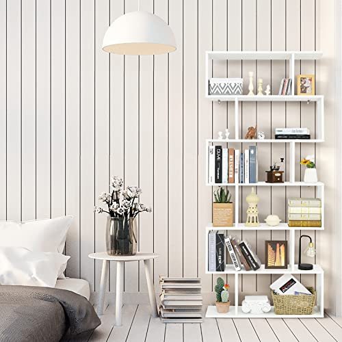 GOPLUS Bücherregal mit 6 Ebenen, Stufenregal aus Holz, Raumteiler Regal mit Kippschutz, Standregal Büroregal für Wohnzimmer, Büro, 80 x 23 x 191cm (Weiß, 6 Ebenen)