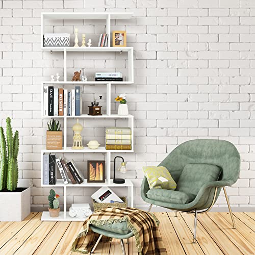 GOPLUS Bücherregal mit 6 Ebenen, Stufenregal aus Holz, Raumteiler Regal mit Kippschutz, Standregal Büroregal für Wohnzimmer, Büro, 80 x 23 x 191cm (Weiß, 6 Ebenen)