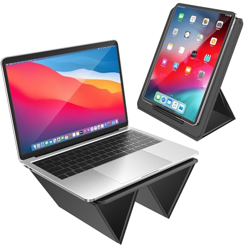 AboveTEK Tragbarer Laptopunterlage, 2-in-1 PU-Leder Faltbarer MacBook Ständer für Schreibtisch, Passt für 14"~17" MacBook Air Pro Tablets, Verstellbarer Notebook Unterlage für Bett Sofa Couch Reise