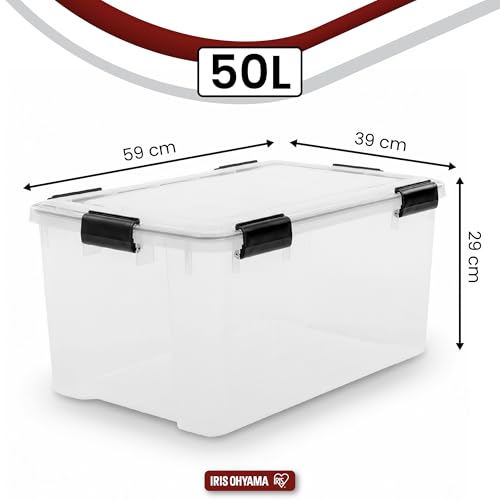 Iris Ohyama Luftdichte Kunststoff-Aufbewahrungsboxen mit Deckel, 50L, 2er-Set, Transparent, Hermetischer wasserdichter Verschluss, Robuste Schnappverschlüsse, Stapelbar, Staubschutz, BPA-frei, AT-L