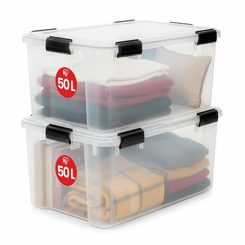 Iris Ohyama Luftdichte Kunststoff-Aufbewahrungsboxen mit Deckel, 50L, 2er-Set, Transparent, Hermetischer wasserdichter Verschluss, Robuste Schnappverschlüsse, Stapelbar, Staubschutz, BPA-frei, AT-L