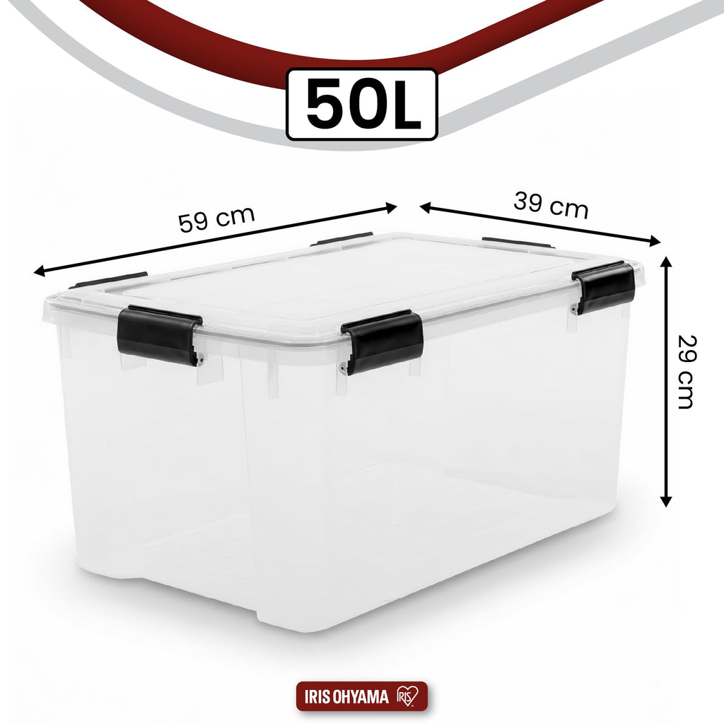 Iris Ohyama Luftdichte Kunststoff-Aufbewahrungsboxen mit Deckel, 50L, 2er-Set, Transparent, Hermetischer wasserdichter Verschluss, Robuste Schnappverschlüsse, Stapelbar, Staubschutz, BPA-frei, AT-L