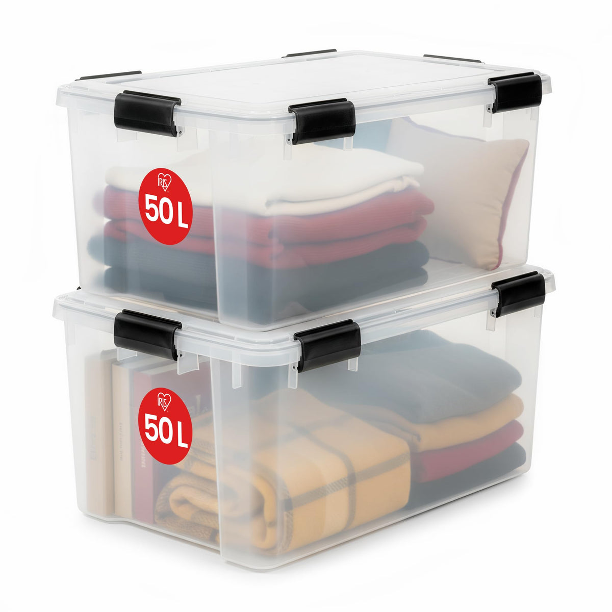 Iris Ohyama Luftdichte Kunststoff-Aufbewahrungsboxen mit Deckel, 50L, 2er-Set, Transparent, Hermetischer wasserdichter Verschluss, Robuste Schnappverschlüsse, Stapelbar, Staubschutz, BPA-frei, AT-L