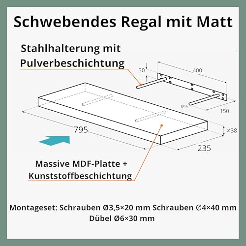 Velano Wandregal - Bücherregal - Schweberegal 79,5x23,5 Sonoma Eiche