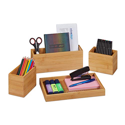Relaxdays Schreibtisch Organizer 4er Set Bambus Ablage, Natur