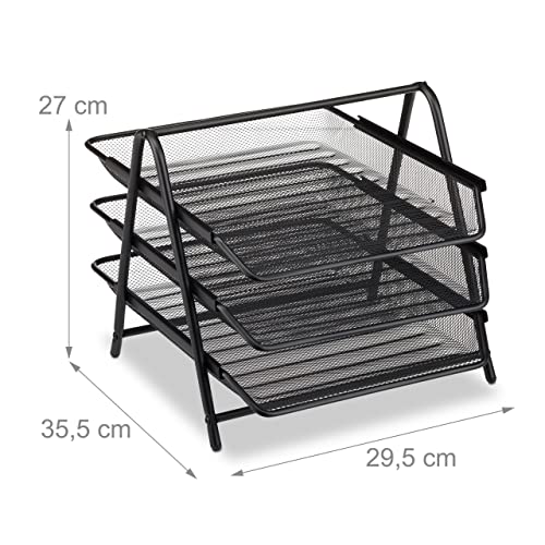 Relaxdays Dokumentenablage aus Metall, Briefablage 3 Fächer, Mesh Design Schreibtischablage für A4 Dokument, schwarz, 35.5 x 29.5 x 27 cm
