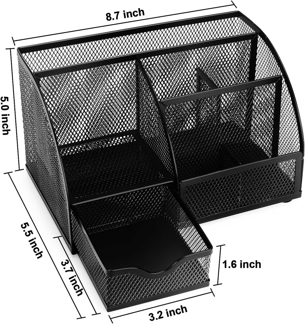 Desk Organizer – Mesh Metal Office Organizer with 6 Compartments and Drawer, Pen Holder for Pens, Sticky Notes, Staplers, and Clips (Black)