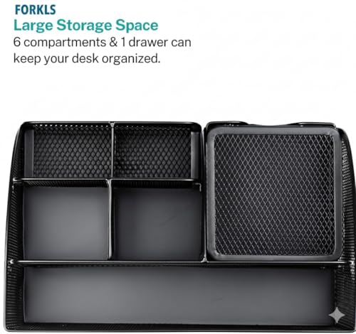 Desk Organizer – Mesh Metal Office Organizer with 6 Compartments and Drawer, Pen Holder for Pens, Sticky Notes, Staplers, and Clips (Black)