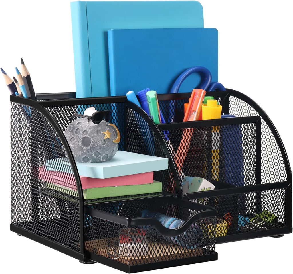 Desk Organizer – Mesh Metal Office Organizer with 6 Compartments and Drawer, Pen Holder for Pens, Sticky Notes, Staplers, and Clips (Black)