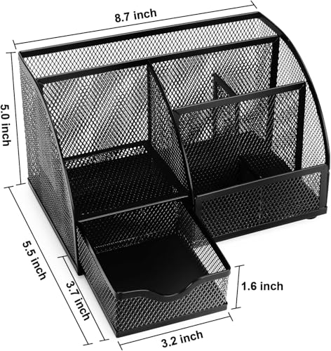 Desk Organizer – Mesh Metal Office Organizer with 6 Compartments and Drawer, Pen Holder for Pens, Sticky Notes, Staplers, and Clips (Black)