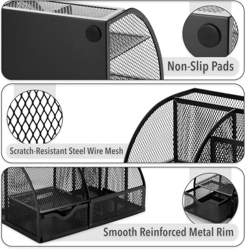 Desk Organizer – Mesh Metal Office Organizer with 6 Compartments and Drawer, Pen Holder for Pens, Sticky Notes, Staplers, and Clips (Black)
