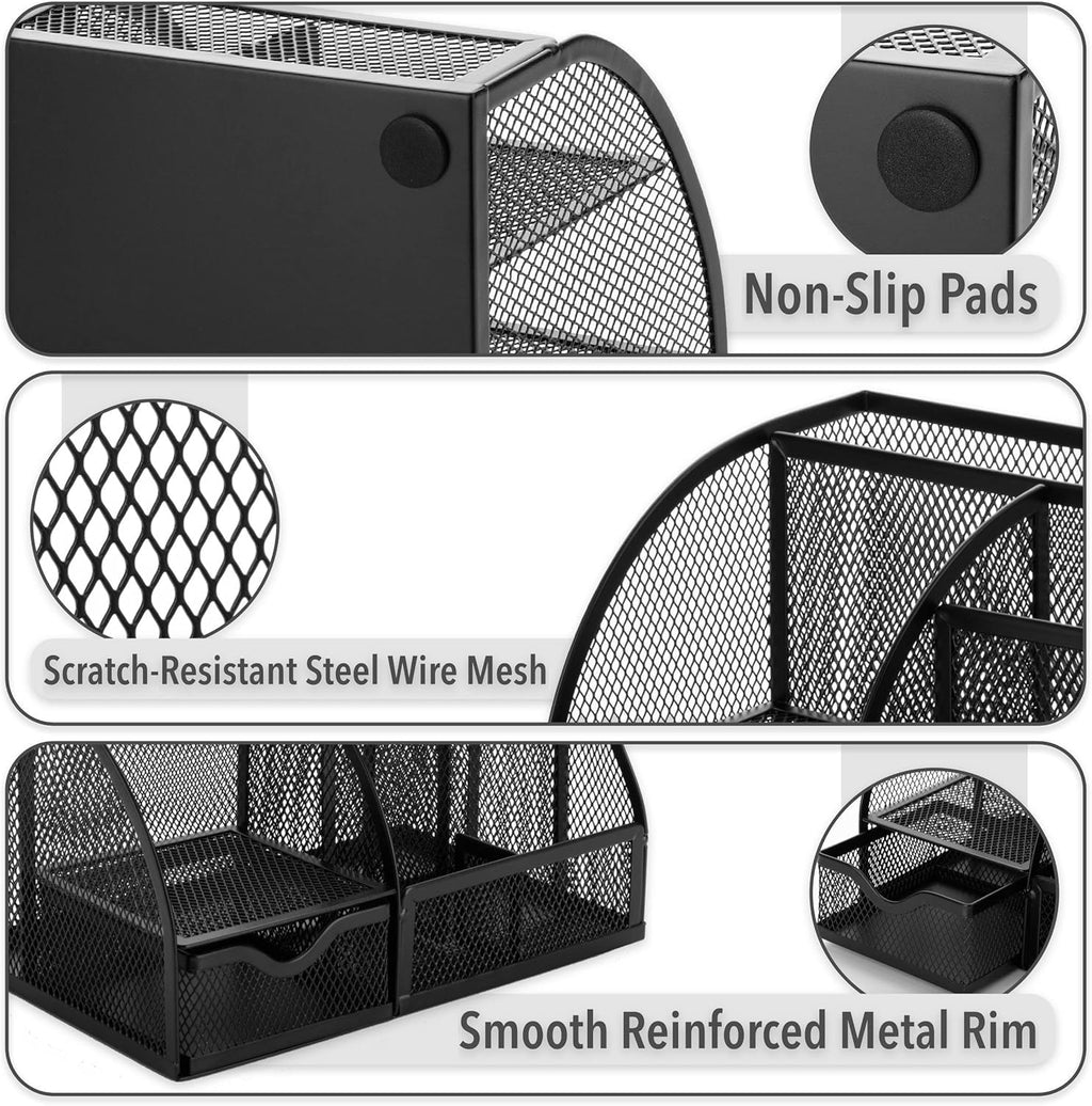 Desk Organizer – Mesh Metal Office Organizer with 6 Compartments and Drawer, Pen Holder for Pens, Sticky Notes, Staplers, and Clips (Black)