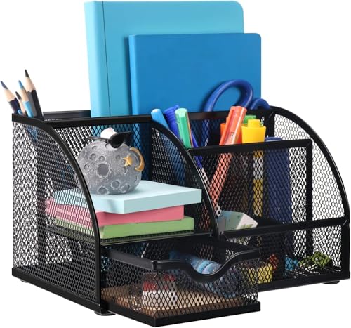 Desk Organizer – Mesh Metal Office Organizer with 6 Compartments and Drawer, Pen Holder for Pens, Sticky Notes, Staplers, and Clips (Black)