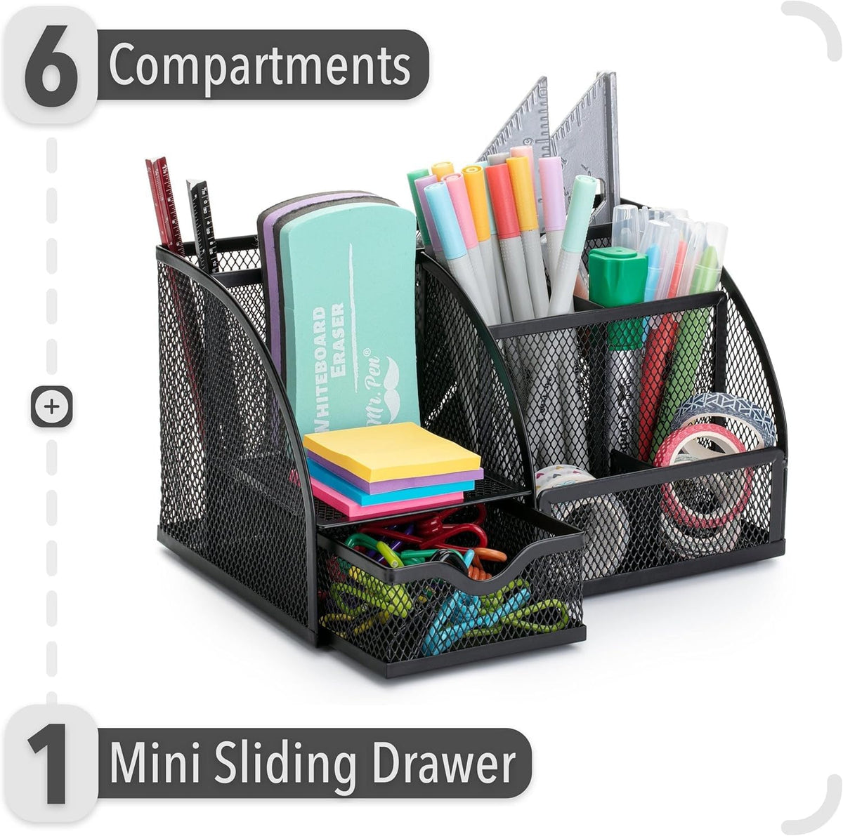 Desk Organizer – Mesh Metal Office Organizer with 6 Compartments and Drawer, Pen Holder for Pens, Sticky Notes, Staplers, and Clips (Black)