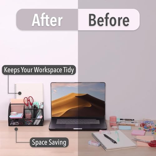 Desk Organizer – Mesh Metal Office Organizer with 6 Compartments and Drawer, Pen Holder for Pens, Sticky Notes, Staplers, and Clips (Black)
