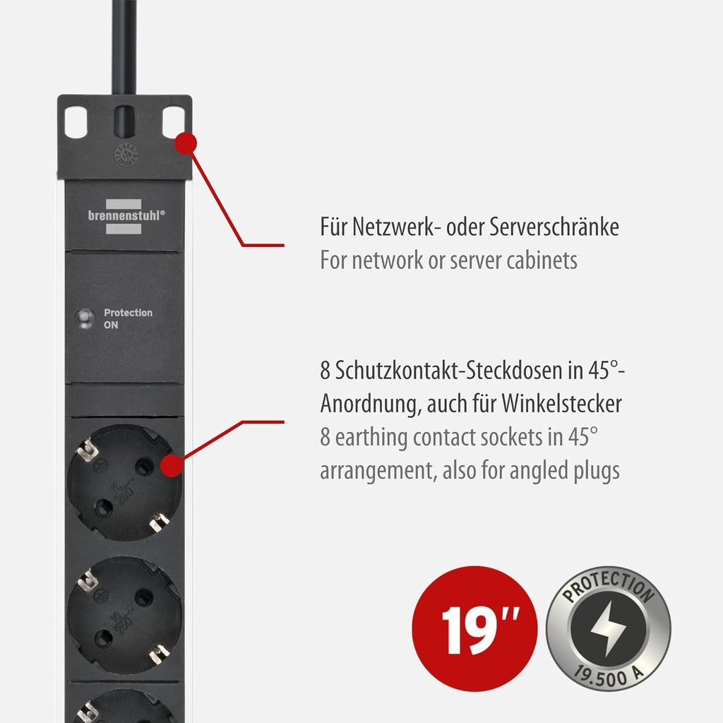 Brennenstuhl Alu-Line 19" Steckdosenleiste 8-Fach mit Überspannungsschutz